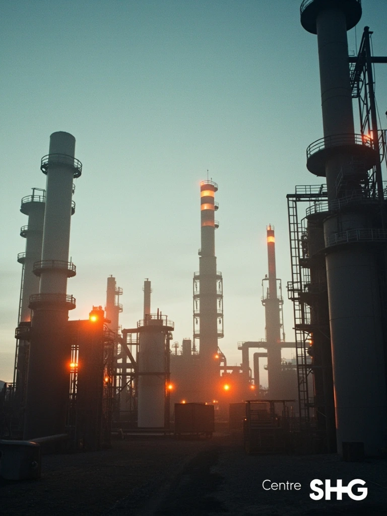 Vue extérieure d'un site chimique classé SEVESO au crépuscule